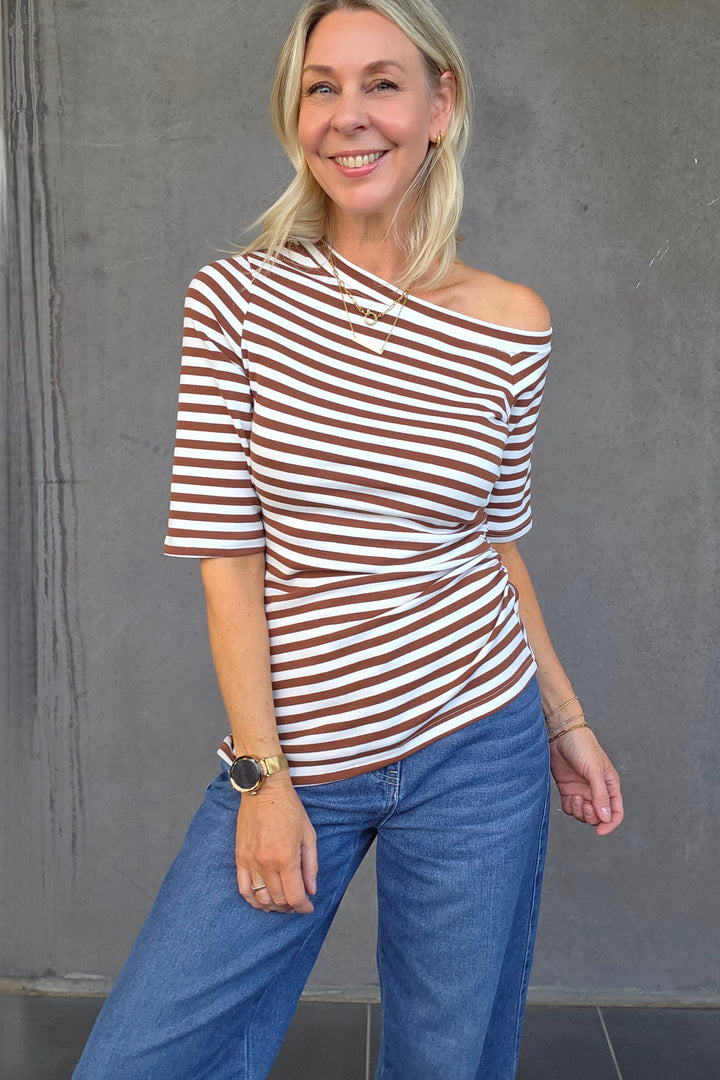 Assymetrical Stripe Top - Choc - Mabel and Woods