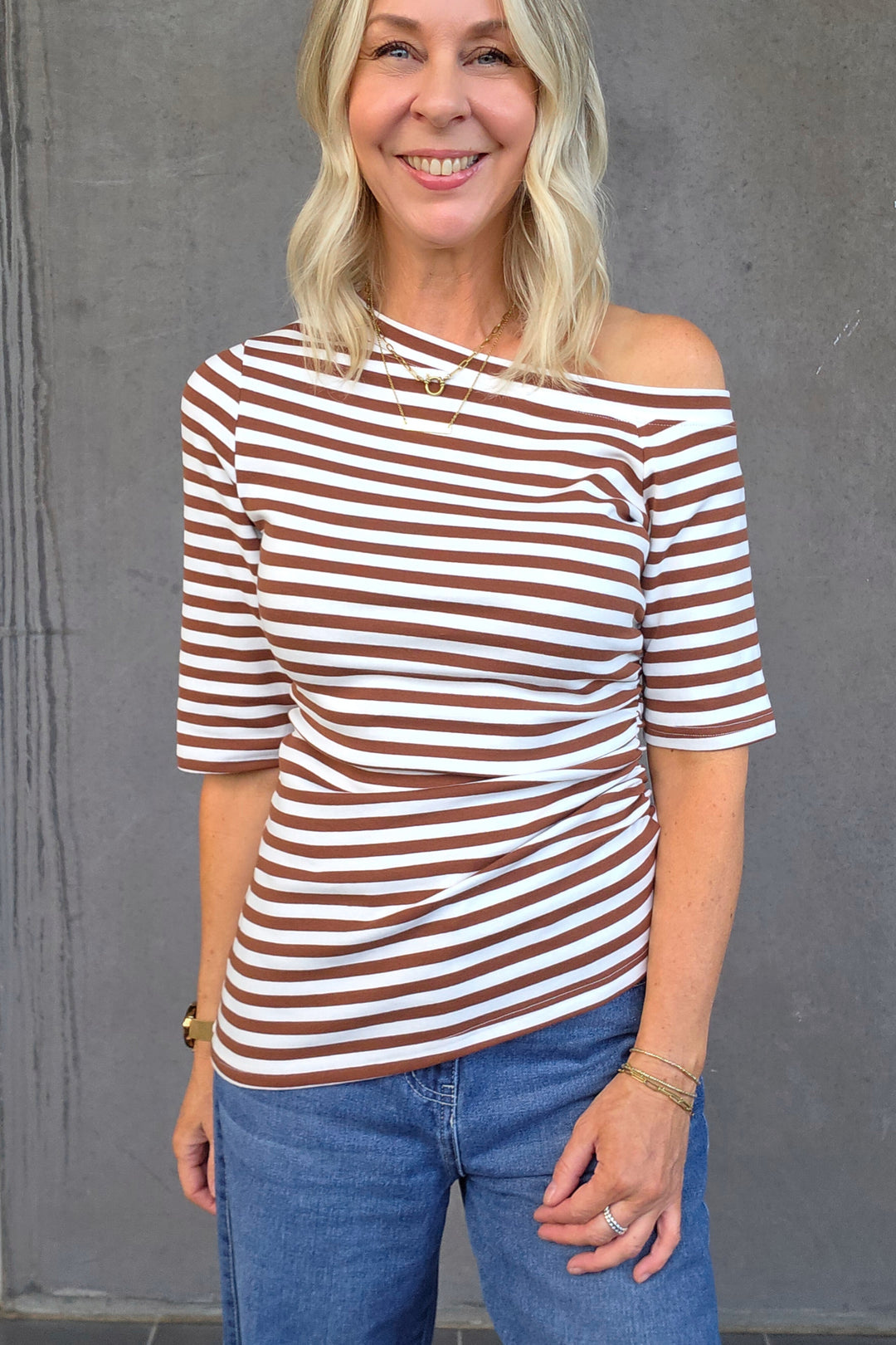 Assymetrical Stripe Top - Choc - Mabel and Woods