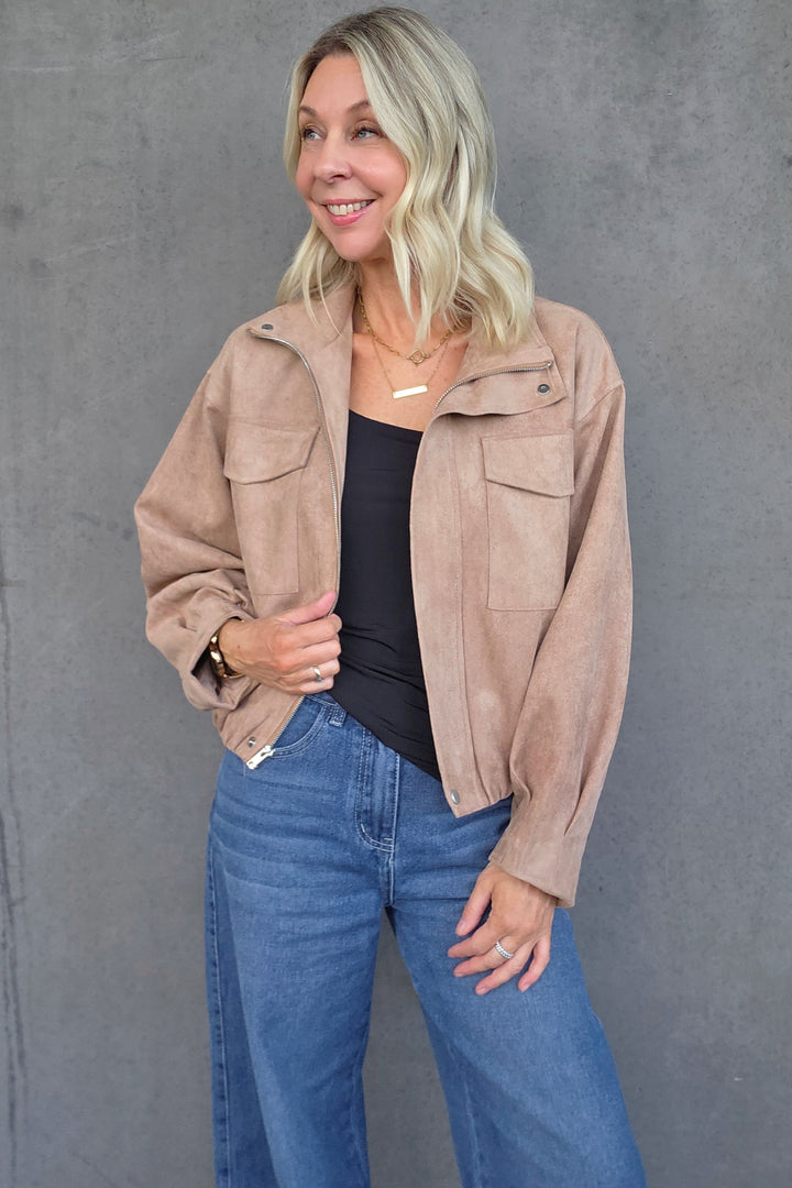 Funnel Neck Suedette Jacket - Latte - Mabel and Woods