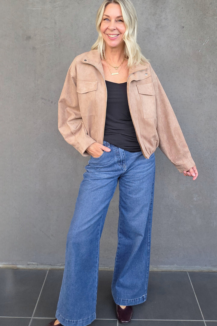 Funnel Neck Suedette Jacket - Latte - Mabel and Woods