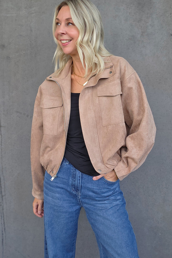 Funnel Neck Suedette Jacket - Latte - Mabel and Woods
