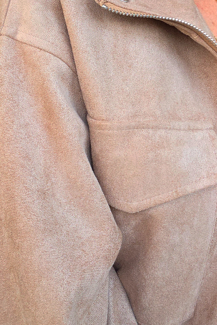 Funnel Neck Suedette Jacket - Latte - Mabel and Woods