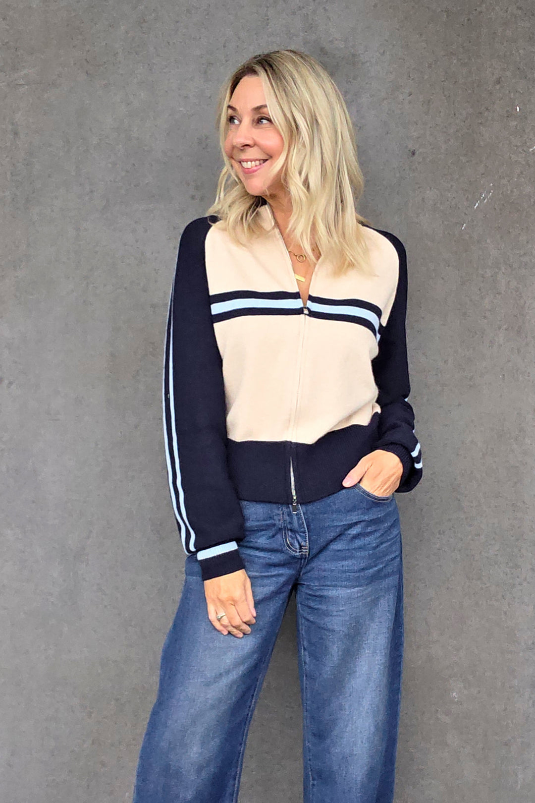 Stripe Zip Front Knit - Navy