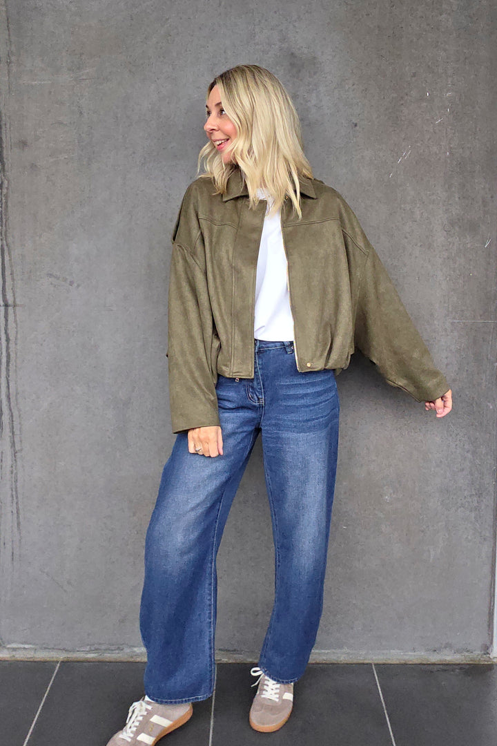 Bubble Hem Faux Suede Jacket - Khaki