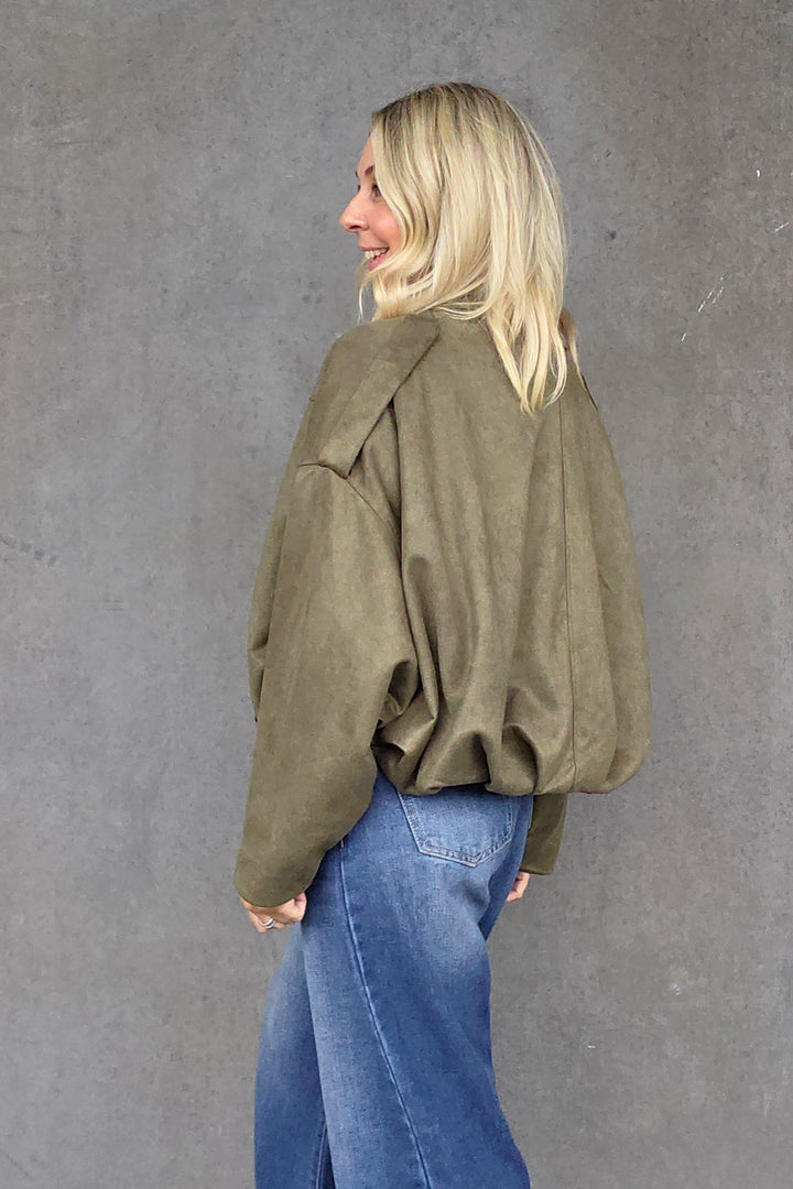 Bubble Hem Faux Suede Jacket - Khaki