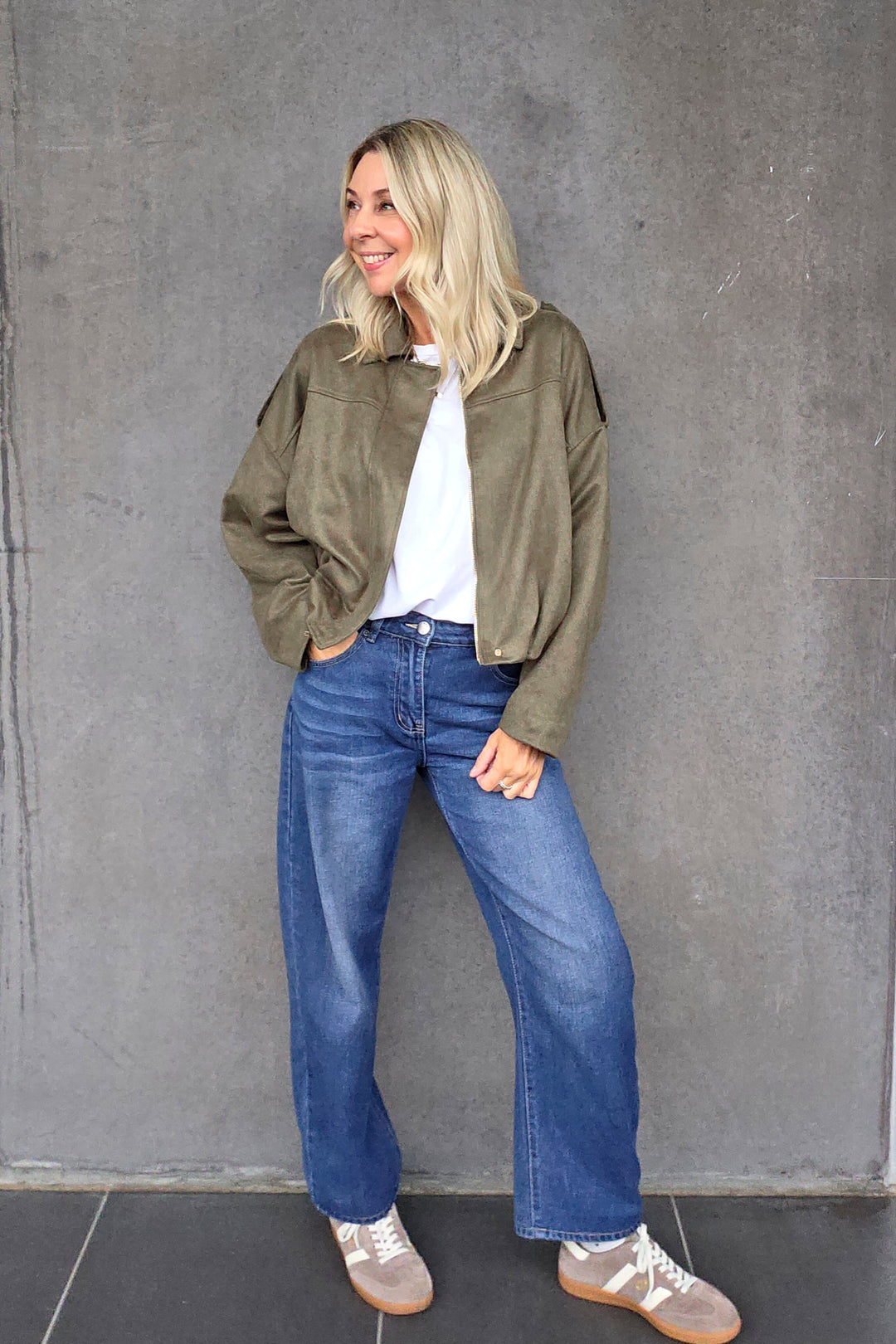 Bubble Hem Faux Suede Jacket - Khaki