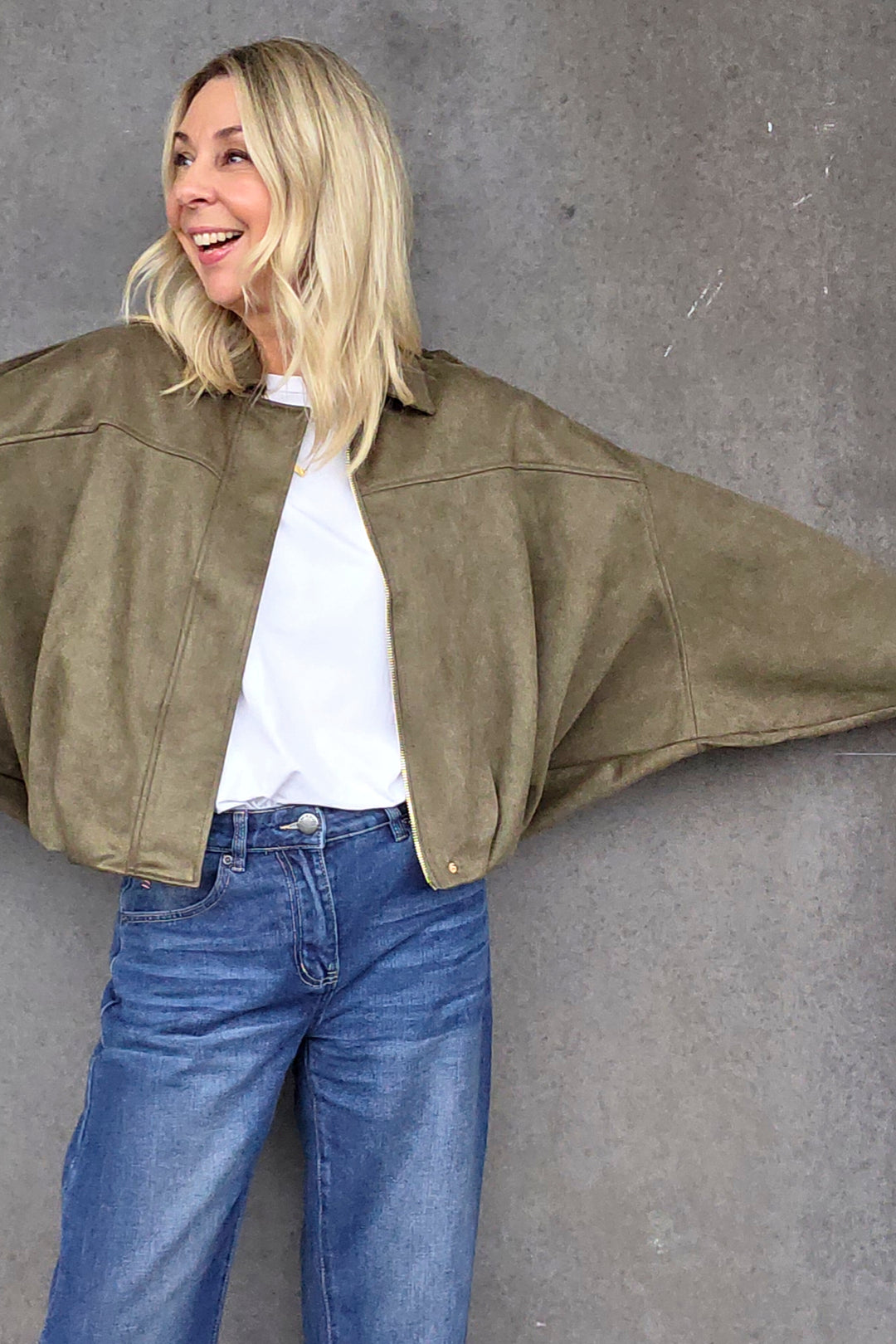 Bubble Hem Faux Suede Jacket - Khaki