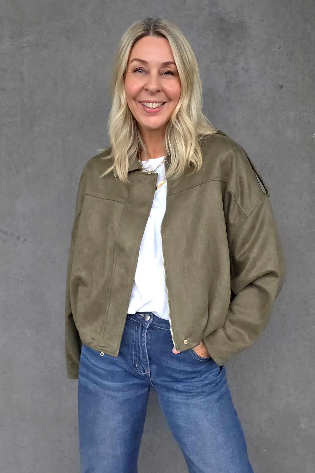 Bubble Hem Faux Suede Jacket - Khaki