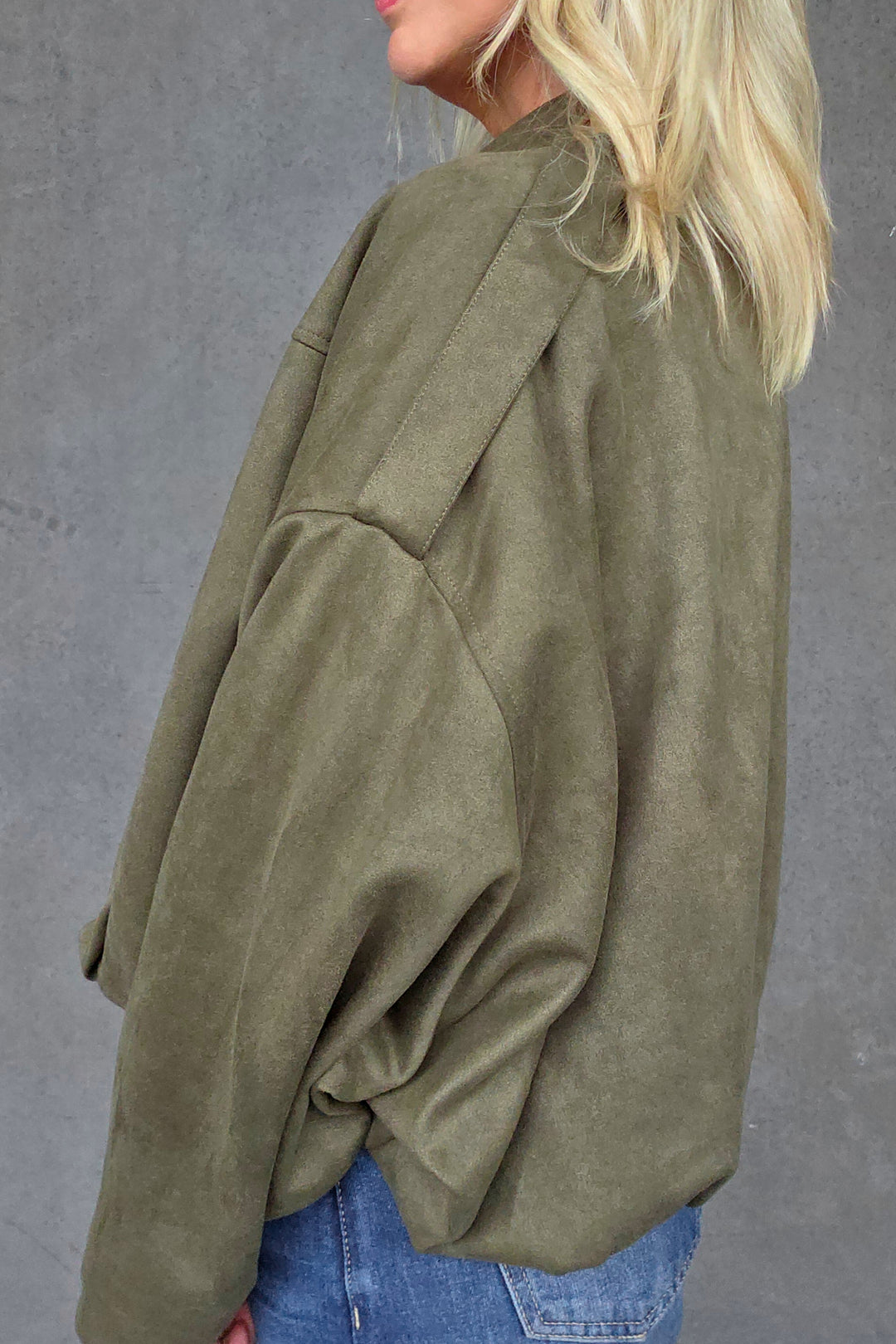 Bubble Hem Faux Suede Jacket - Khaki