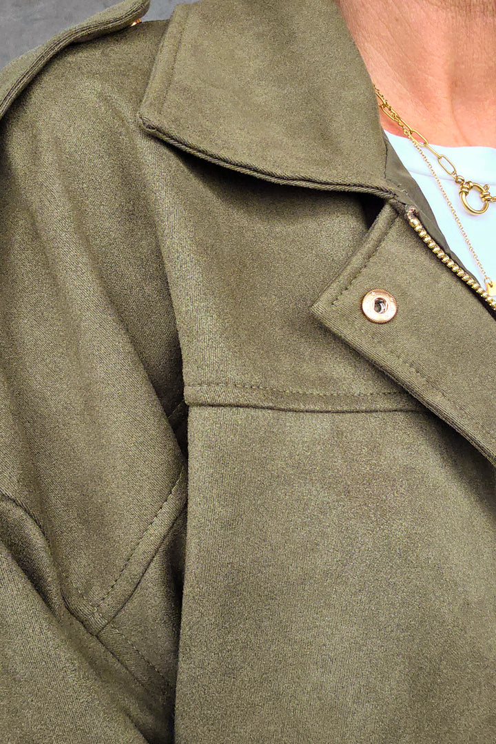 Bubble Hem Faux Suede Jacket - Khaki