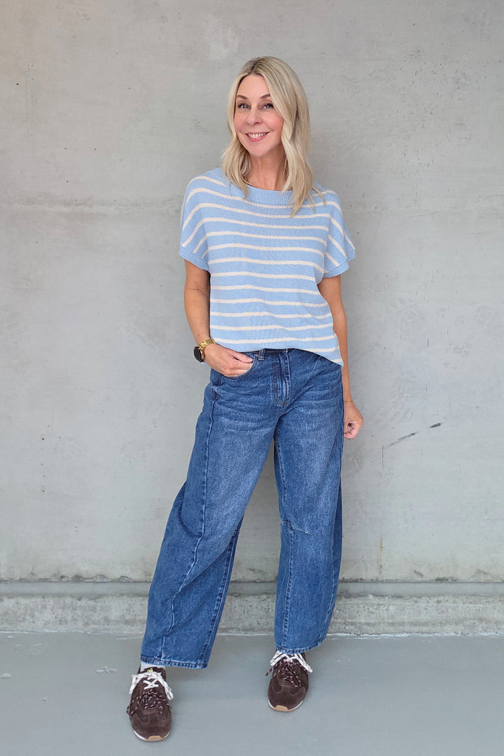 Henley Knitted Top - Blue Stripe