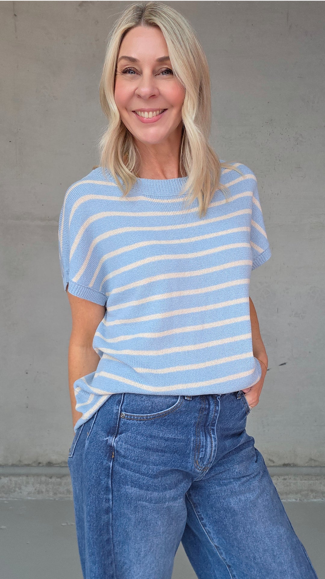 Henley Knitted Top - Blue Stripe
