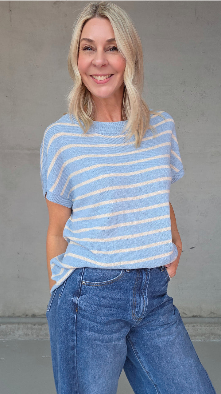Henley Knitted Top - Blue Stripe