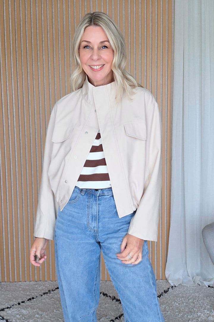 Funnel Neck Light Jacket - Stone - Mabel and Woods