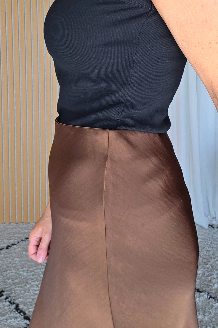 Satin Midi Skirt - Chocolate