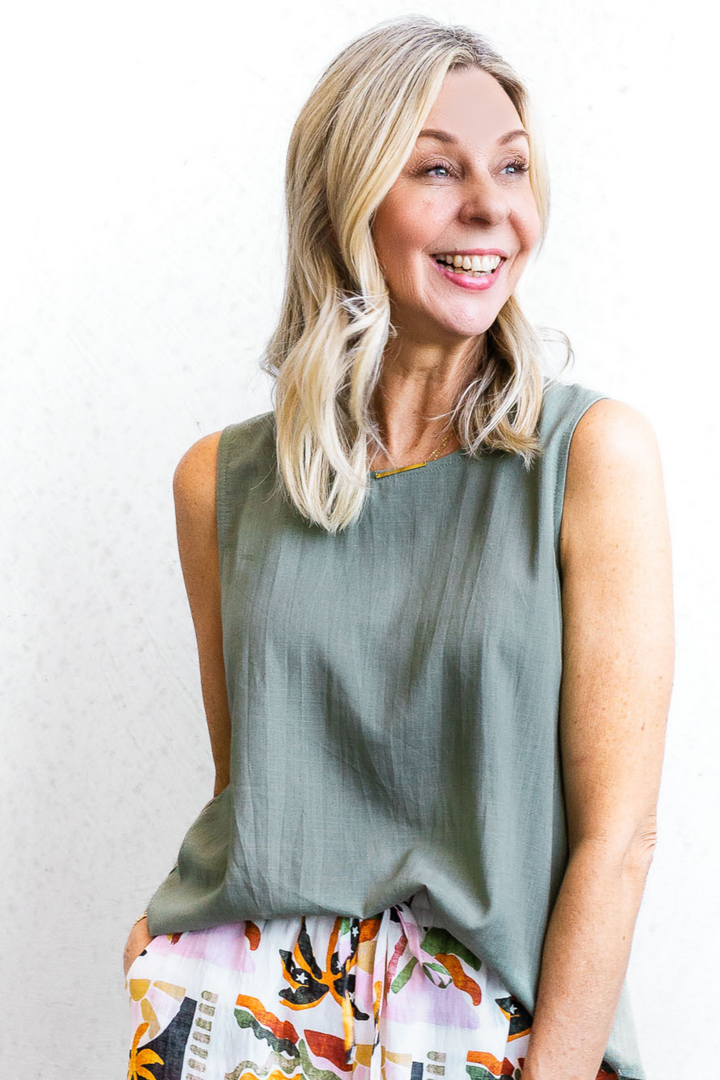 Button Back Tank - Khaki