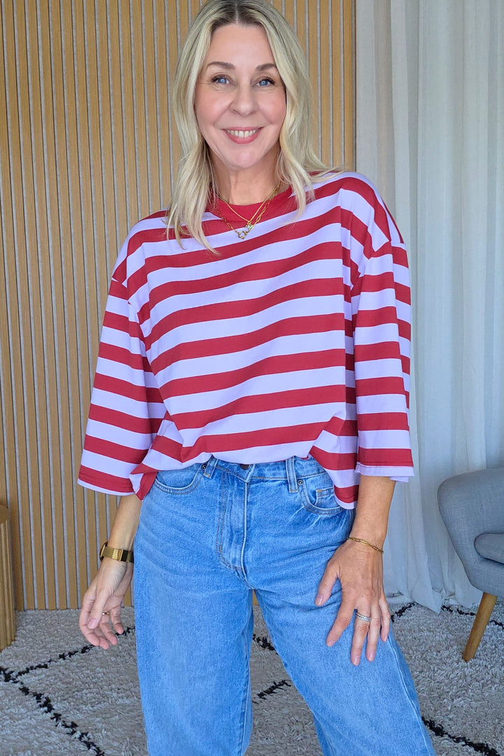 Lance Stripe Top - Lilac/Burgandy