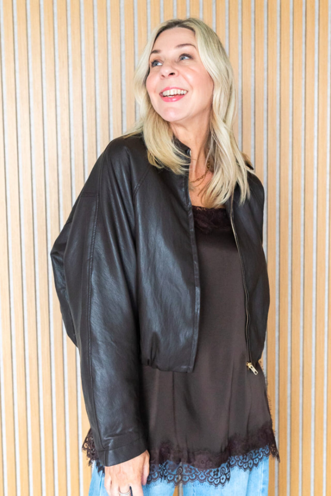 Cocoa Bubble Hem PU Jacket