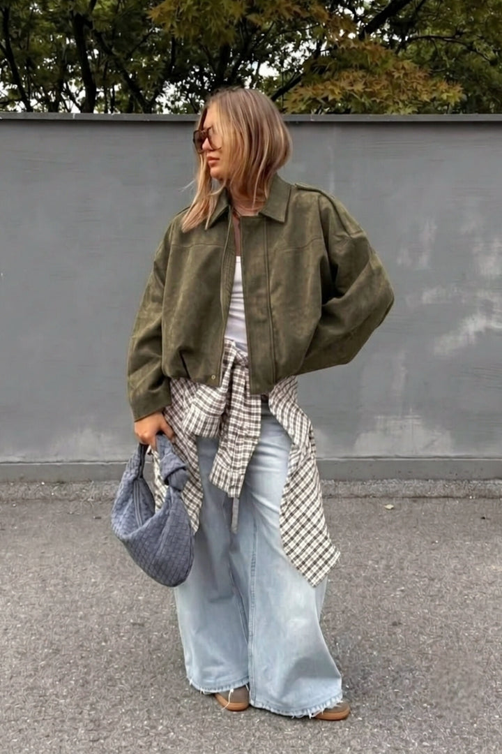 Bubble Hem Faux Suede Jacket - Khaki