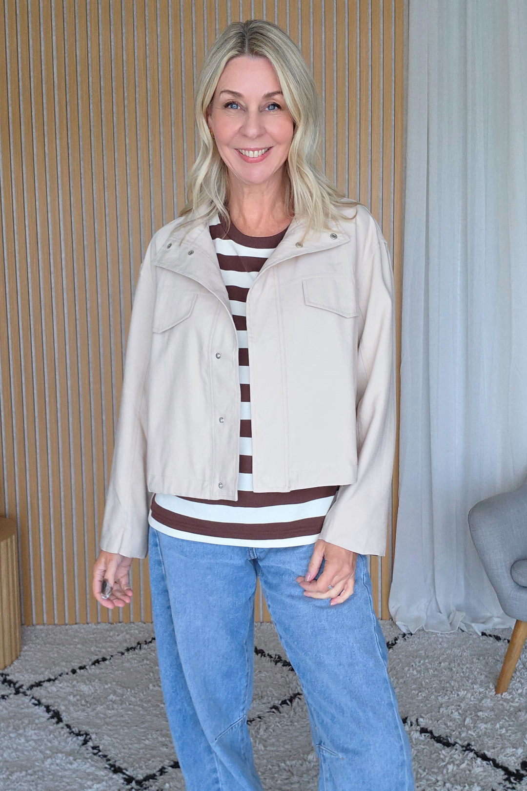 Funnel Neck Light Jacket - Stone - Mabel and Woods
