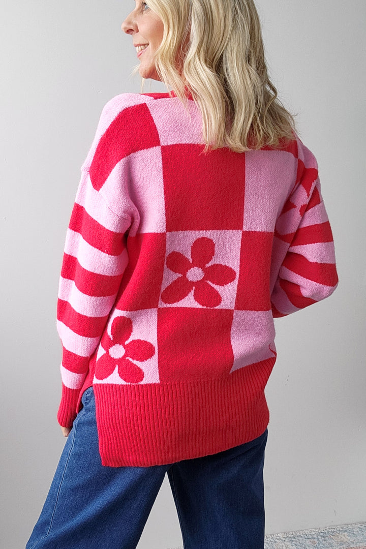 Daisy Square Knit - Pink/Red