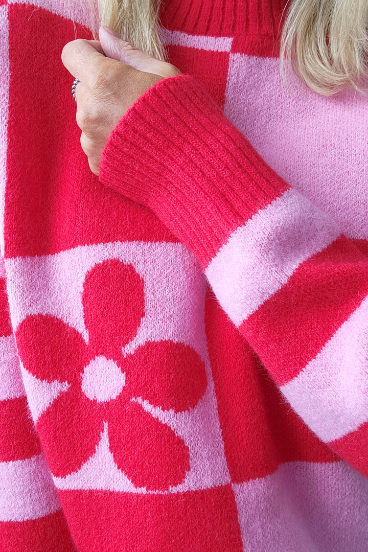 Daisy Square Knit - Pink/Red