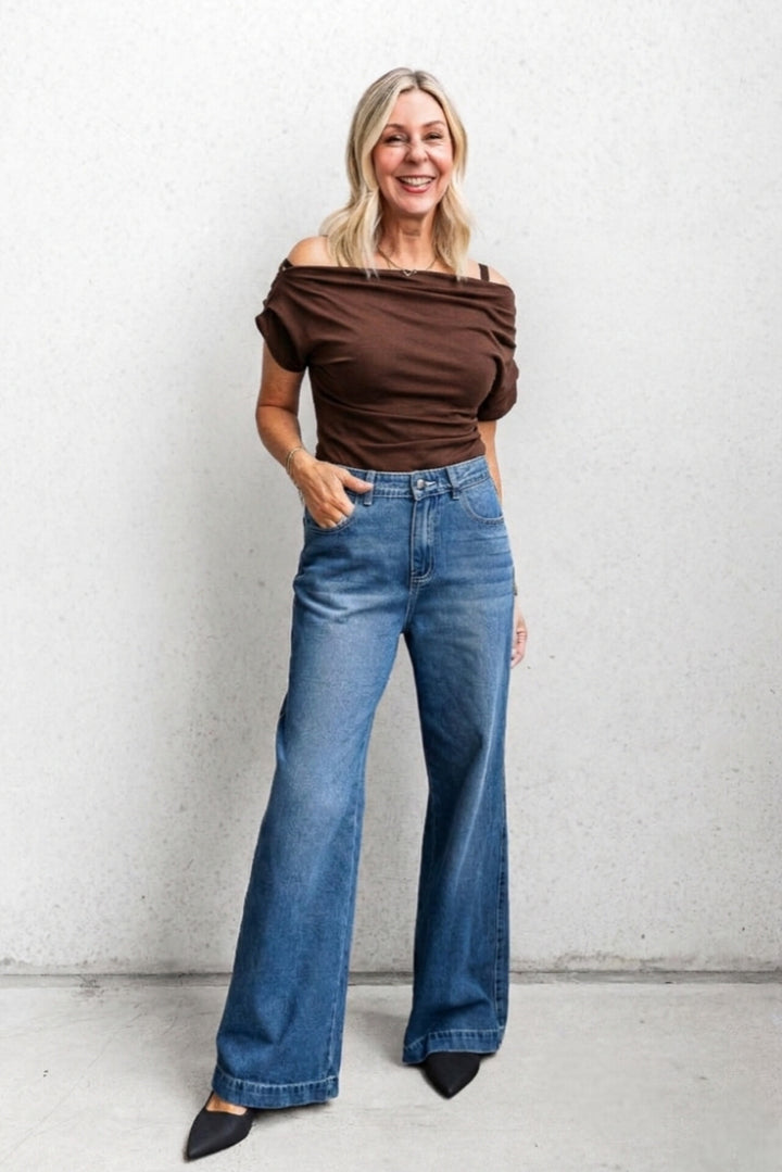 Off-Shoulder Ruched Top - Chocolate