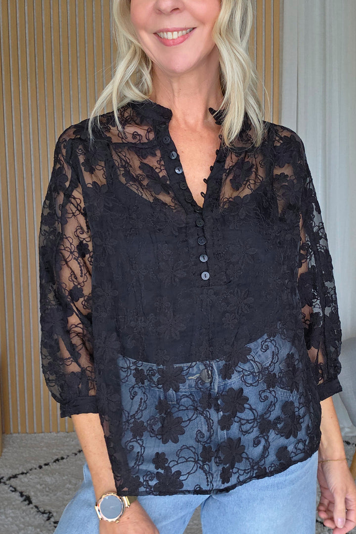 Embroidered Lace Top - Black