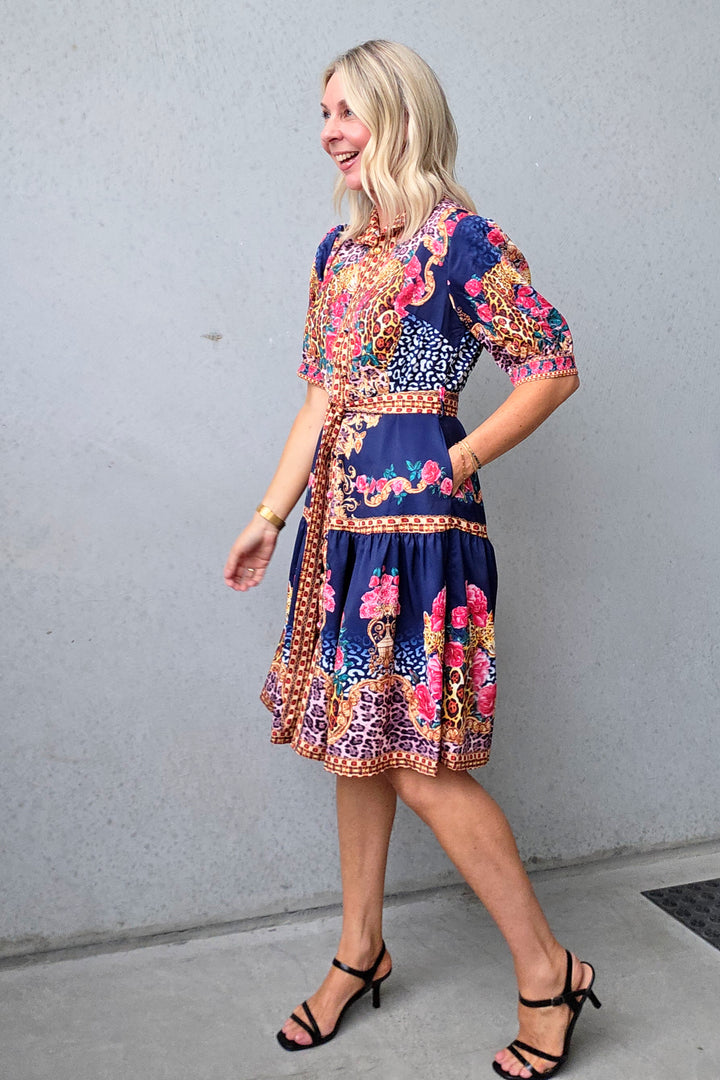 Wild Leopard Short Dress - Navy