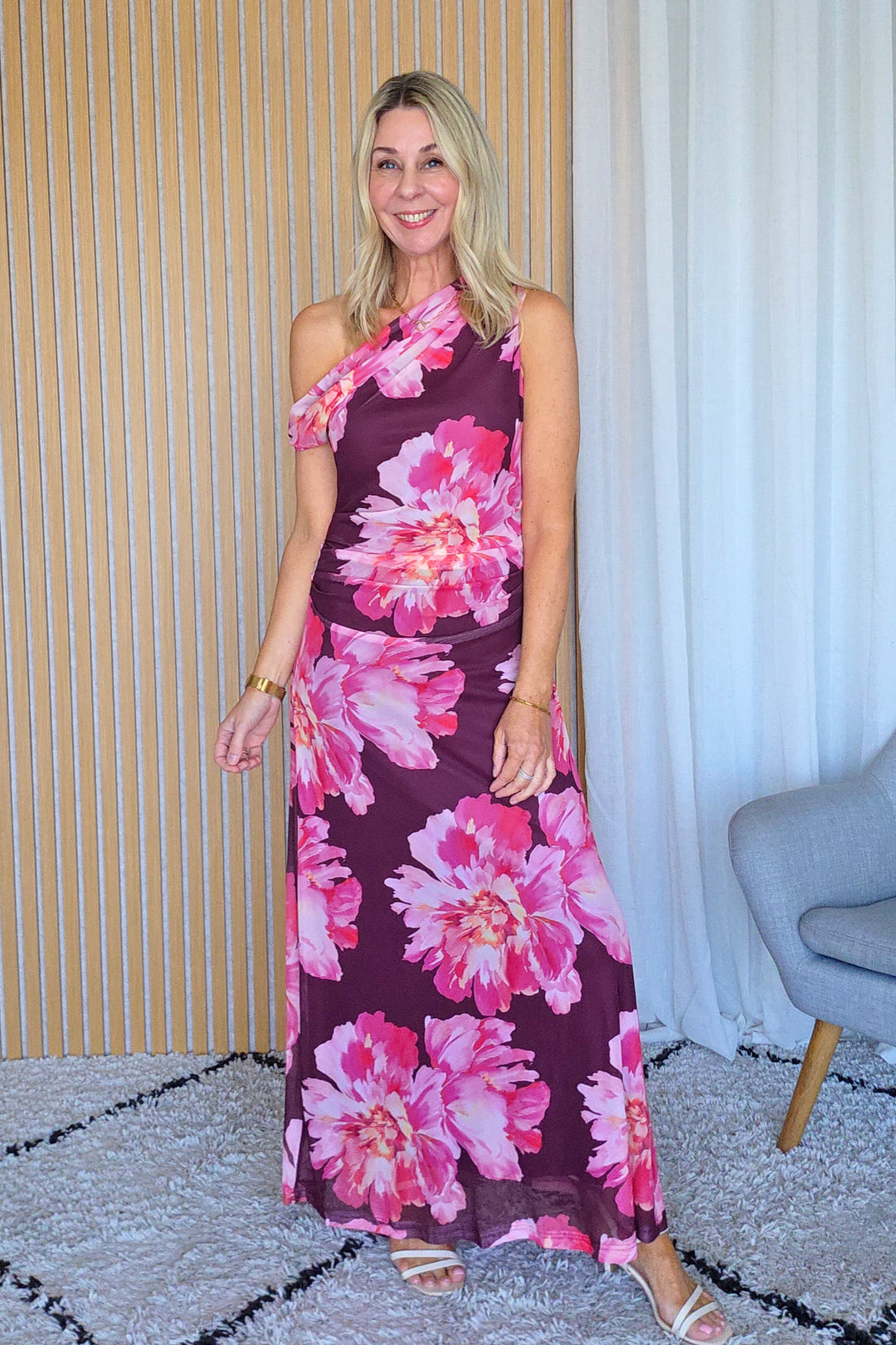 Peony One-Shoulder Mesh Dress