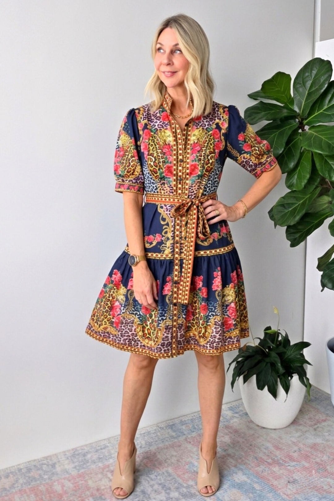 Wild Leopard Short Dress - Navy