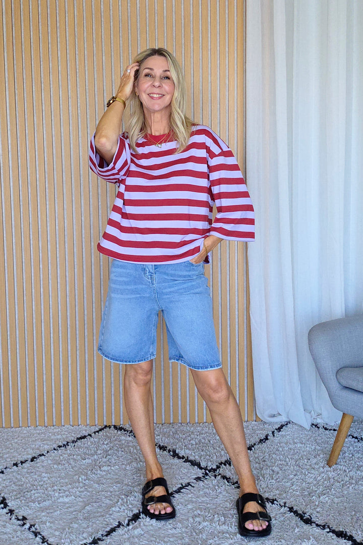 Lance Stripe Top - Lilac/Burgandy