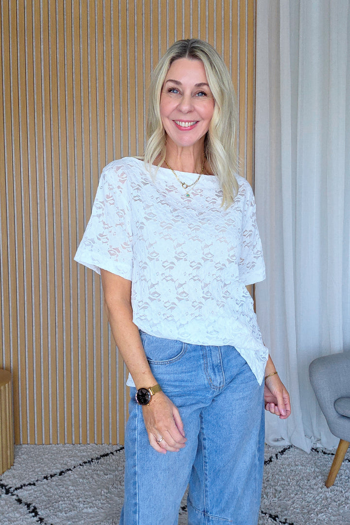 Lace Wide Neck Tee - Ivory