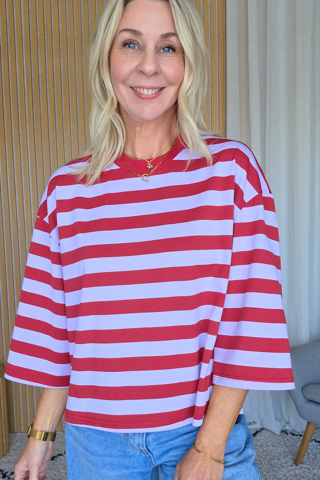 Lance Stripe Top - Lilac/Burgandy