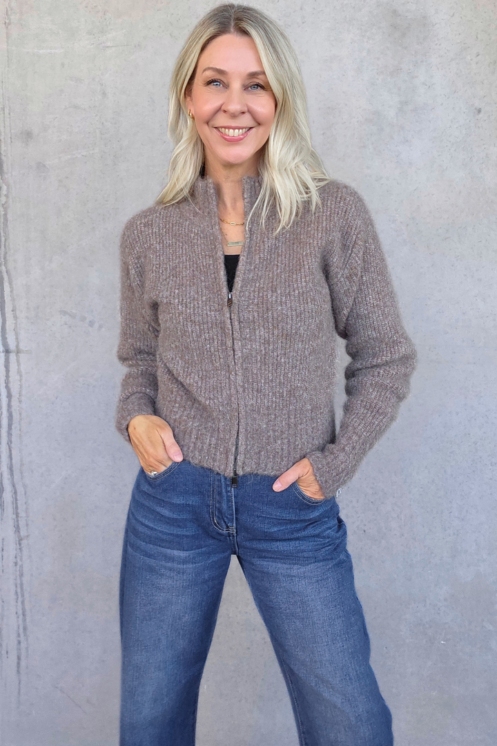 Zip Front Knit Top - Mocha - Mabel and Woods