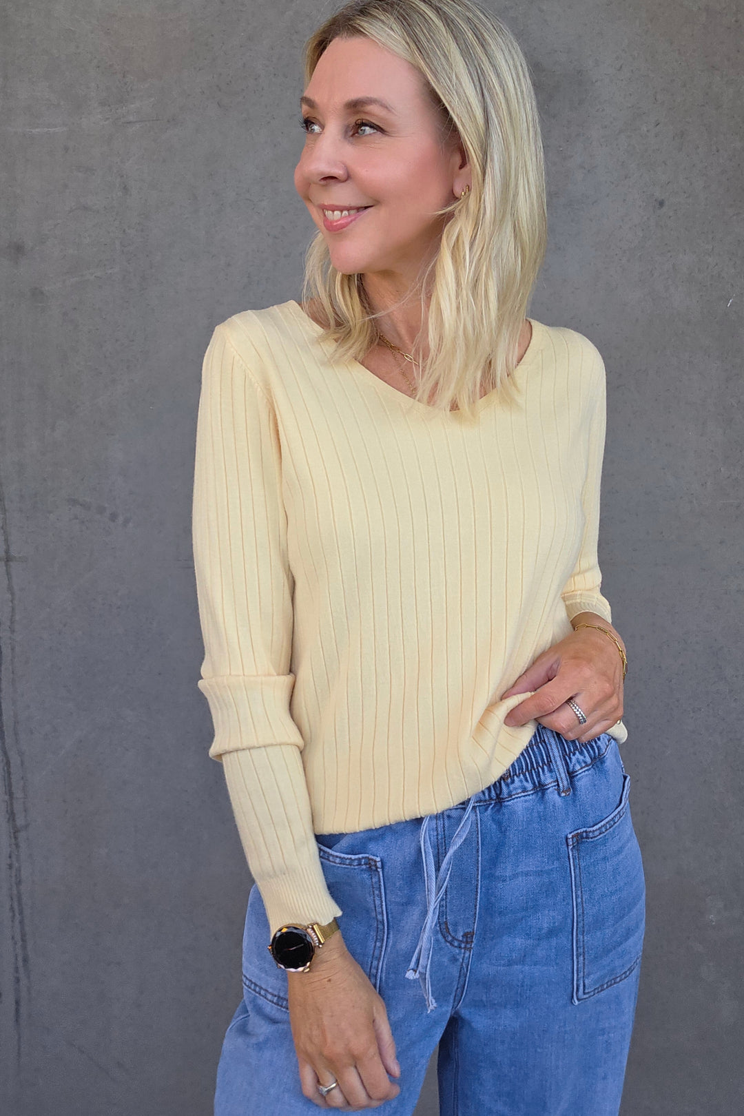 V-Neck Rib Knit - Butter - Mabel and Woods
