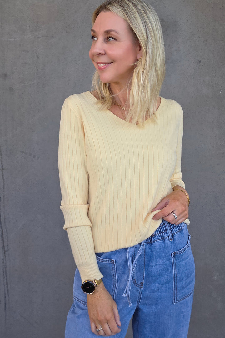 V-Neck Rib Knit - Butter - Mabel and Woods