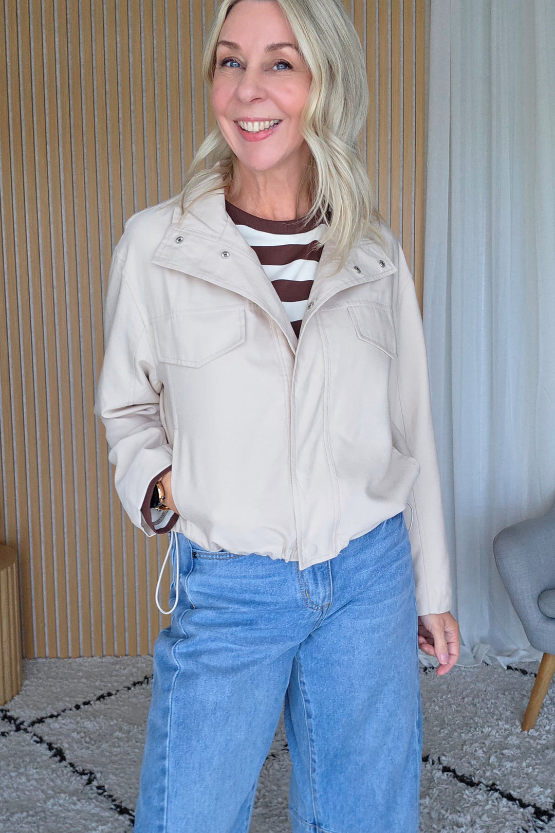 Funnel Neck Light Jacket - Stone - Mabel and Woods