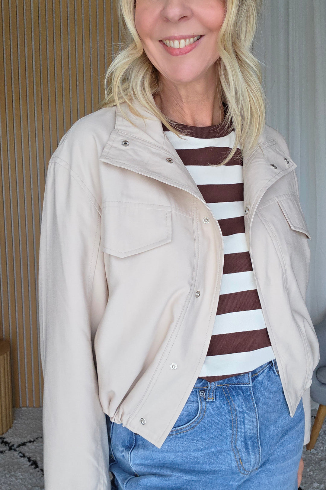 Funnel Neck Light Jacket - Stone - Mabel and Woods