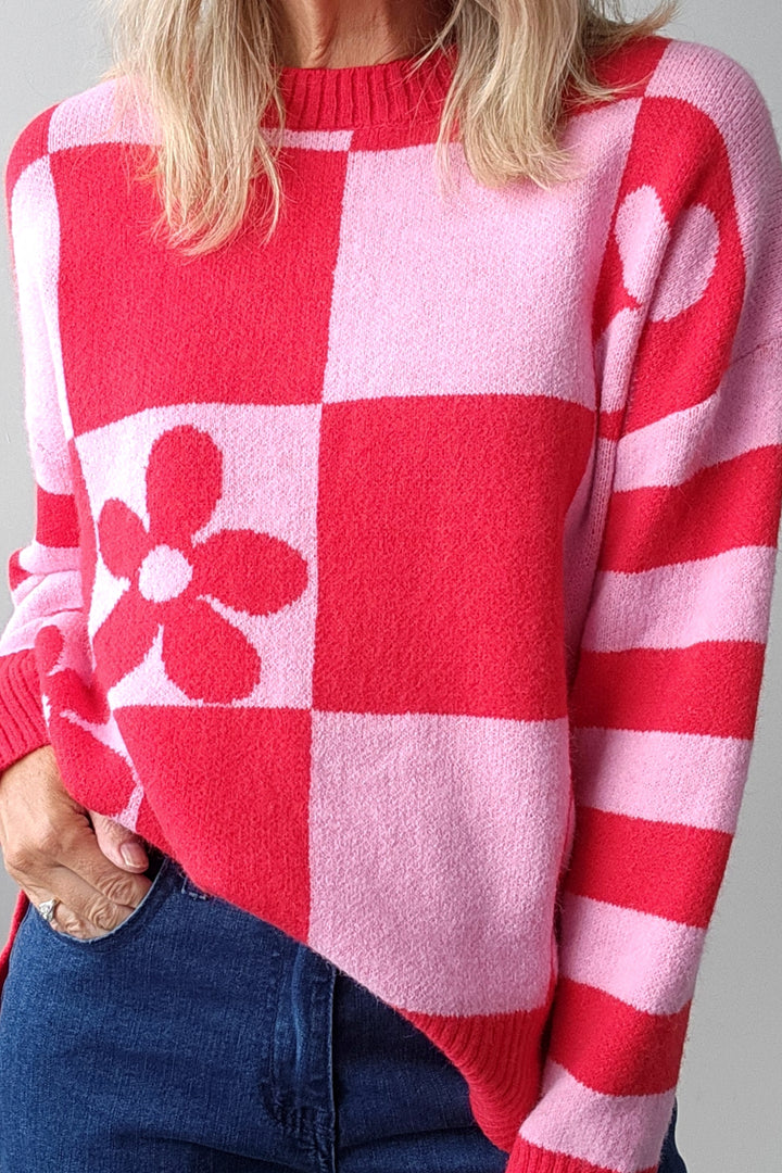 Daisy Square Knit - Pink/Red